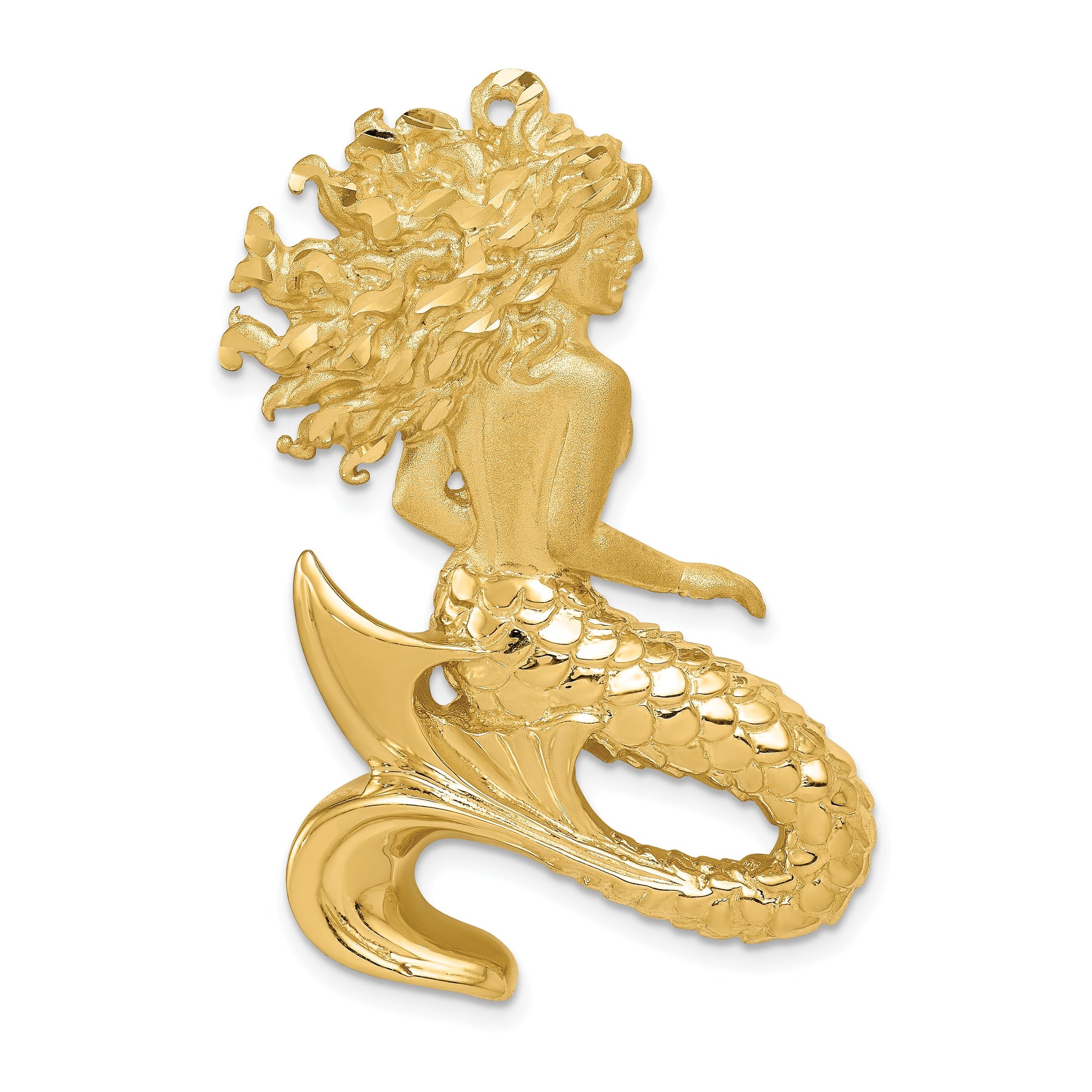 14k Large Polished and Satin Diamond-cut Mermaid Omega Slide