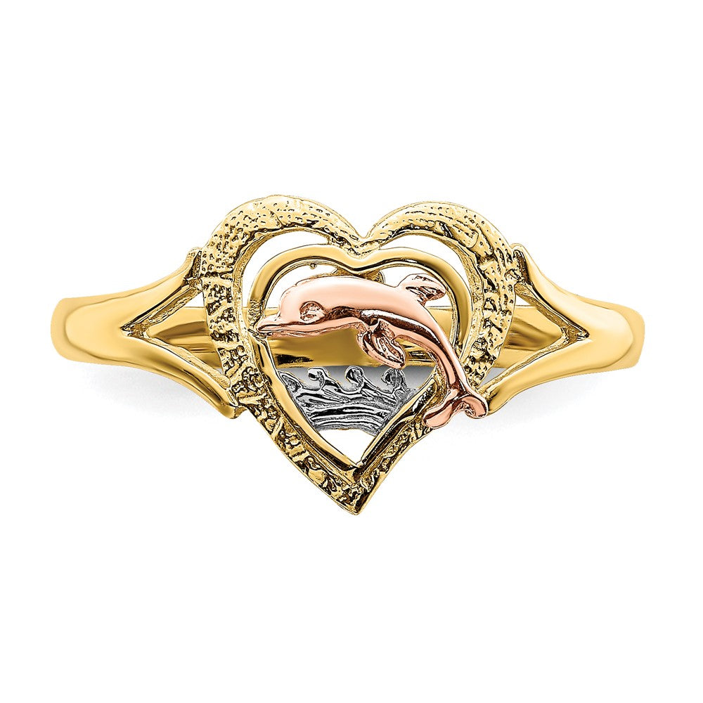 14K Yellow and Rose Gold W/Rhodium Dolphin In Heart Ring