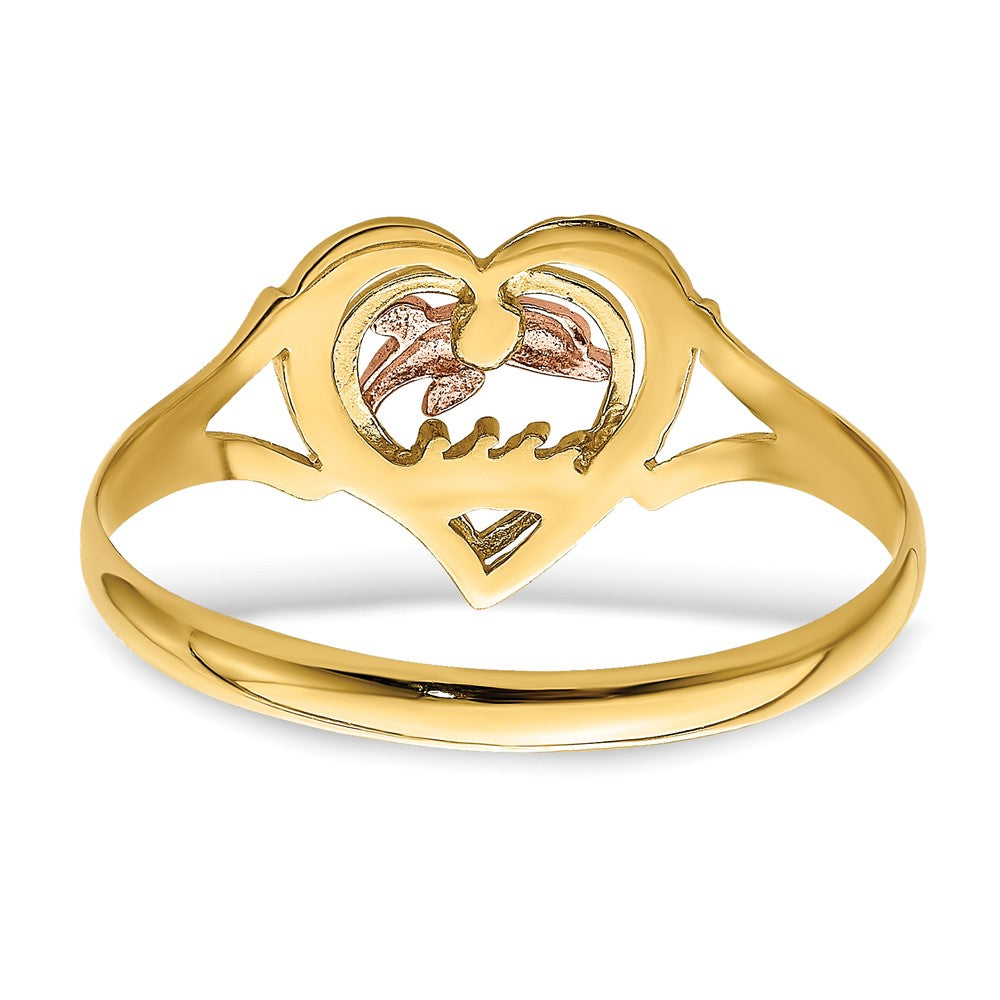 14K Yellow and Rose Gold W/Rhodium Dolphin In Heart Ring