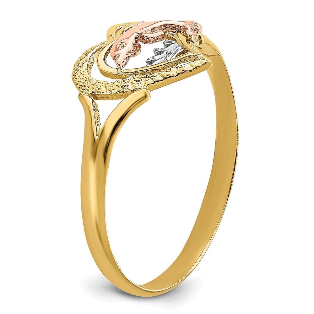 14K Yellow and Rose Gold W/Rhodium Dolphin In Heart Ring