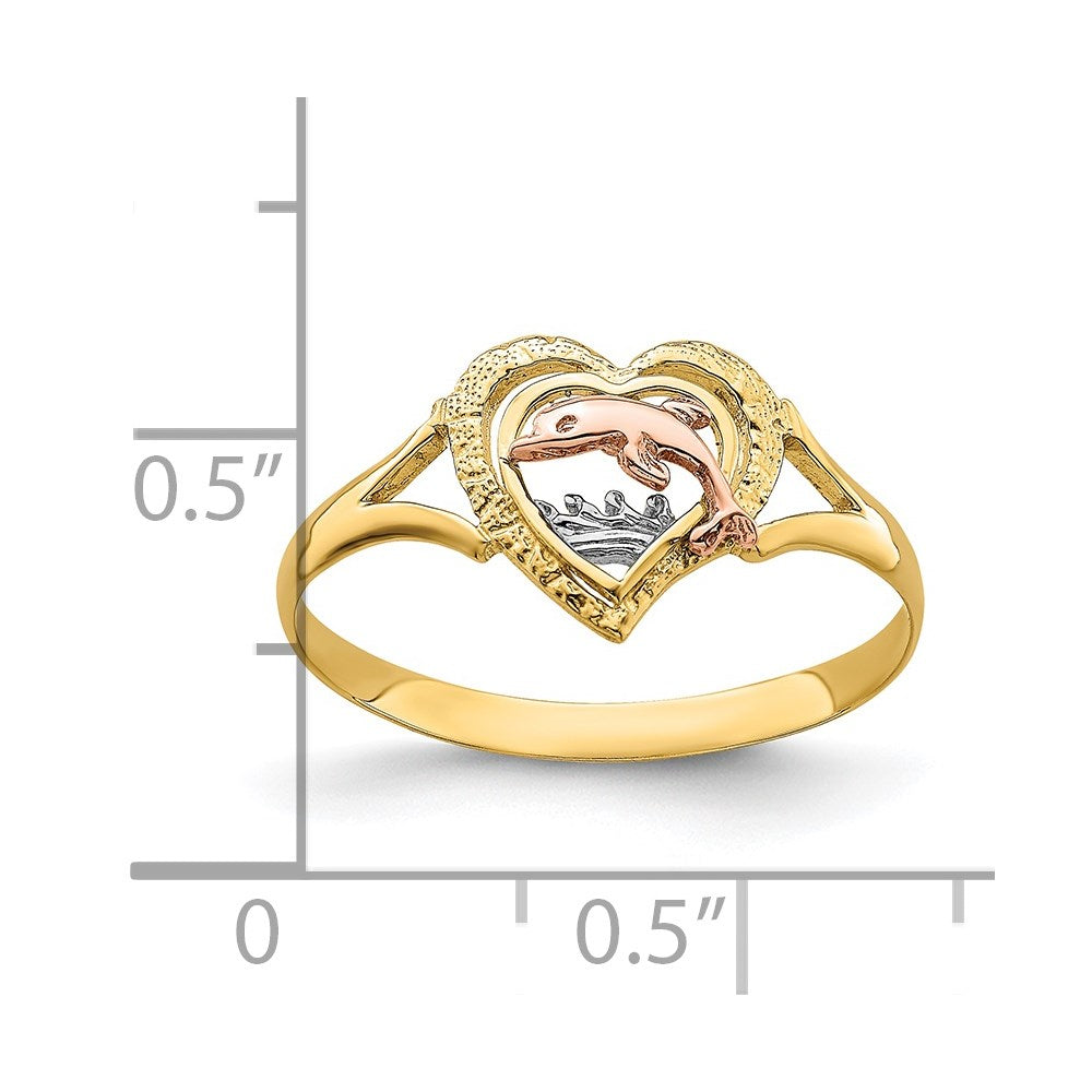 14K Yellow and Rose Gold W/Rhodium Dolphin In Heart Ring