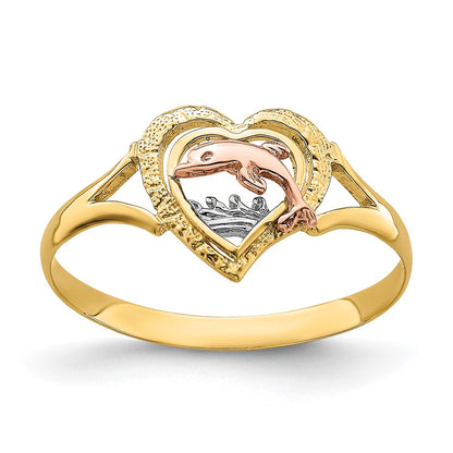 14K Yellow and Rose Gold W/Rhodium Dolphin In Heart Ring