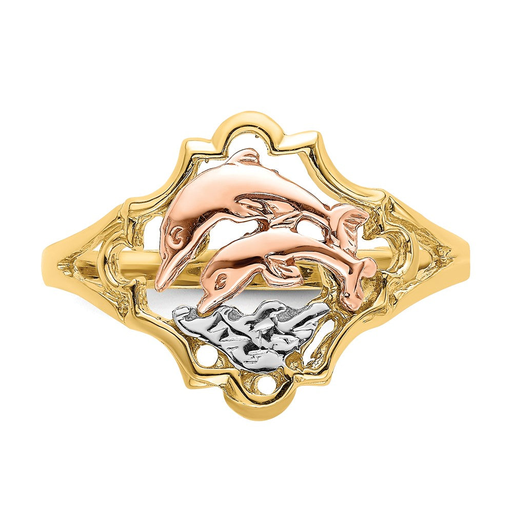 14K Yellow and Rose Gold W/Rhodium Double Dolphin Ring