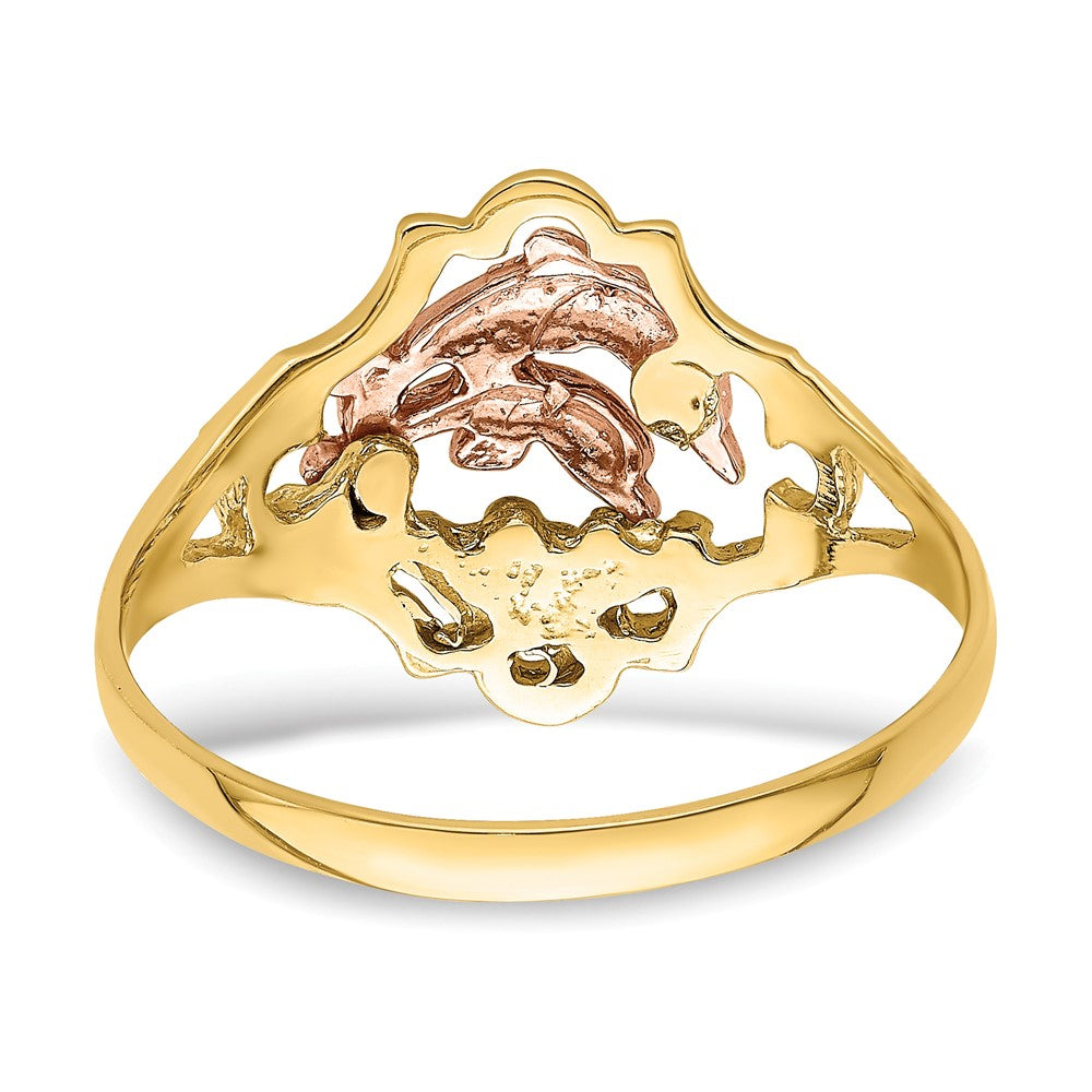 14K Yellow and Rose Gold W/Rhodium Double Dolphin Ring