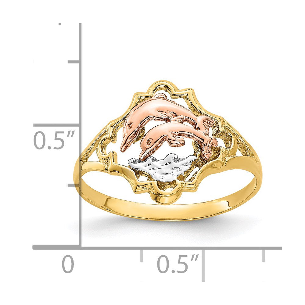 14K Yellow and Rose Gold W/Rhodium Double Dolphin Ring