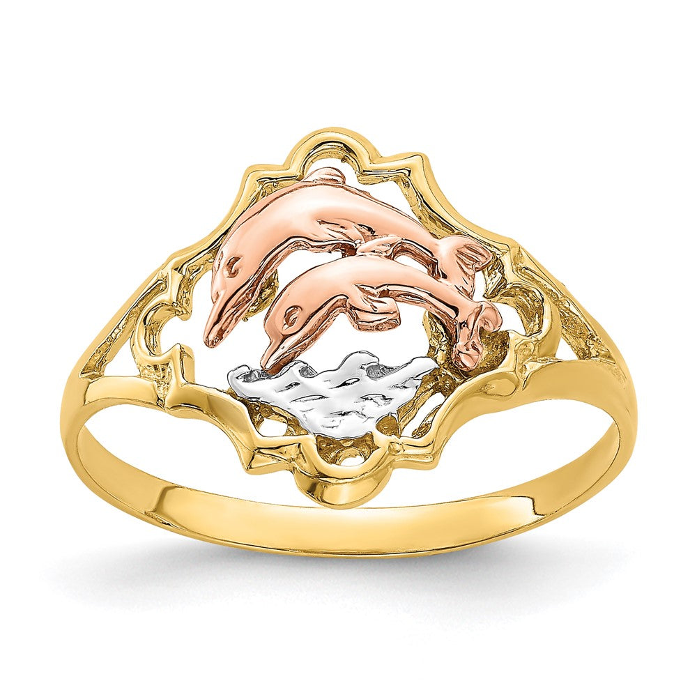 14K Yellow and Rose Gold W/Rhodium Double Dolphin Ring