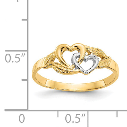 14K and White Rhodium Polished 2 Hearts and Leaves Ring