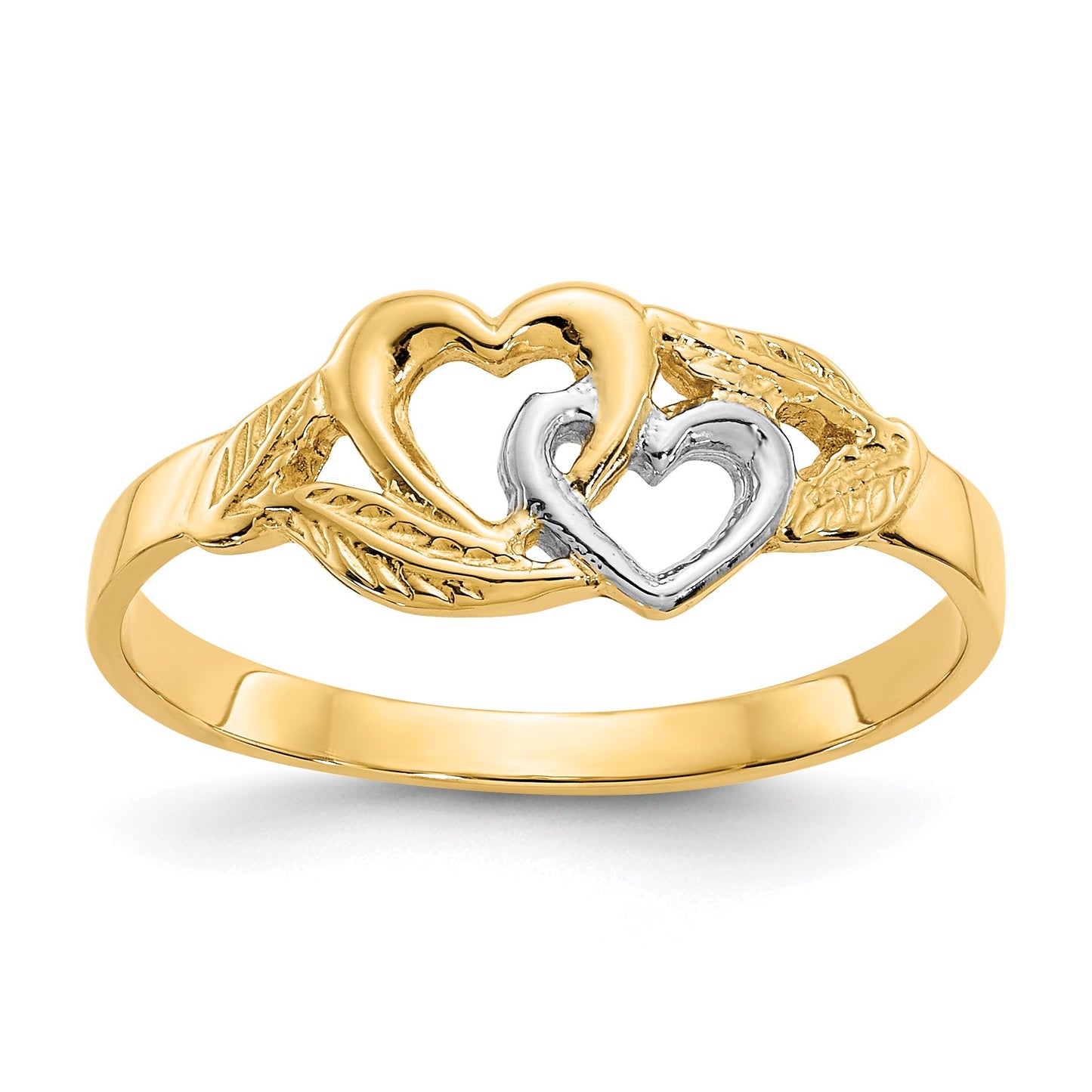14K and White Rhodium Polished 2 Hearts and Leaves Ring