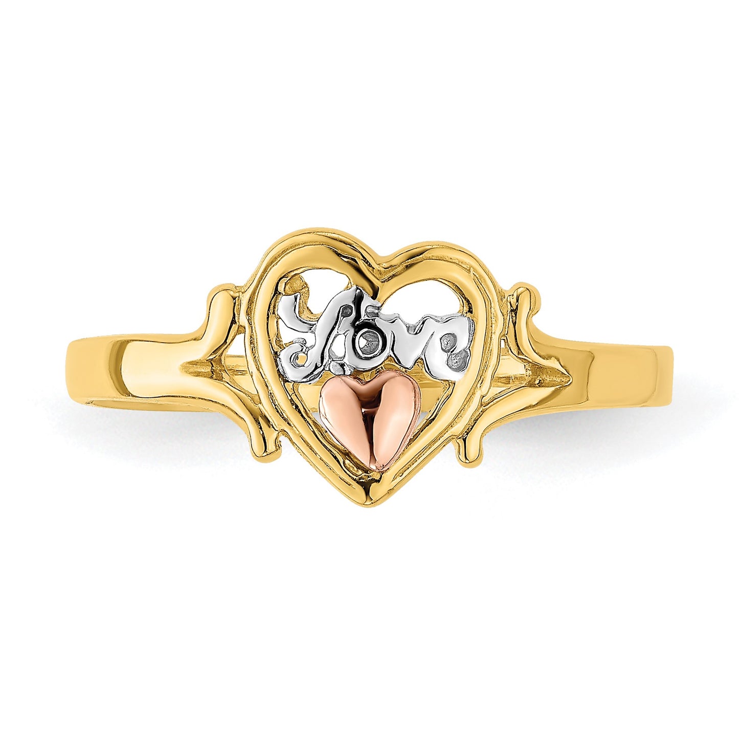 14k Yellow and Rose Gold with White Rhodium LOVE Heart Ring