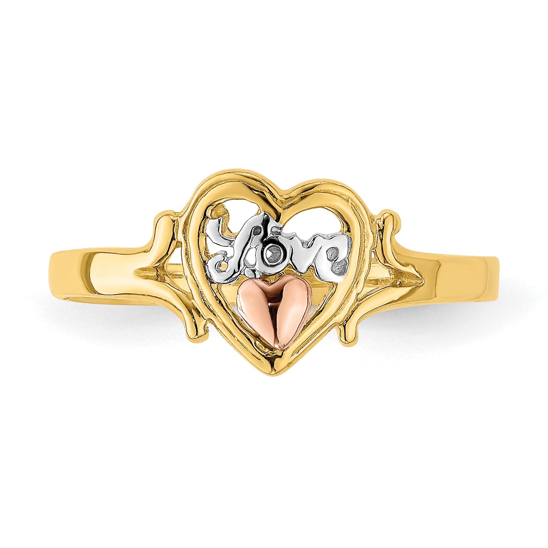 14k Yellow and Rose Gold with White Rhodium LOVE Heart Ring