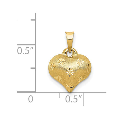 14K Polished and Satin Diamond-cut 3-D Puffed Heart Pendant