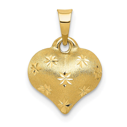 14K Polished and Satin Diamond-cut 3-D Puffed Heart Pendant