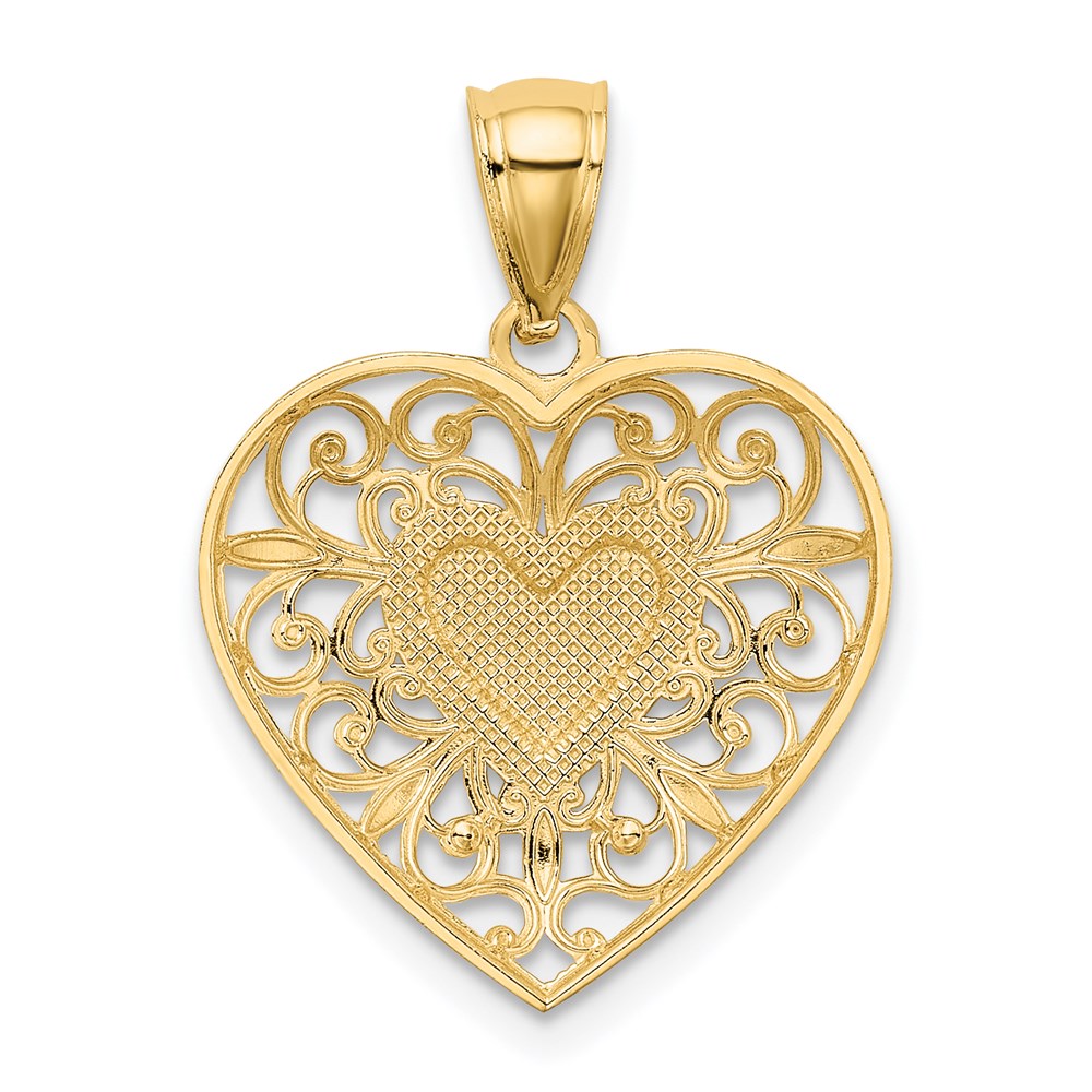 14K and White Rhodium Polished Diamond-cut Filigree Heart Pendant