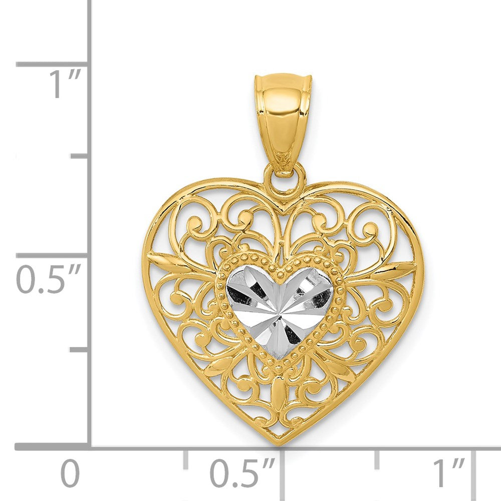 14K and White Rhodium Polished Diamond-cut Filigree Heart Pendant