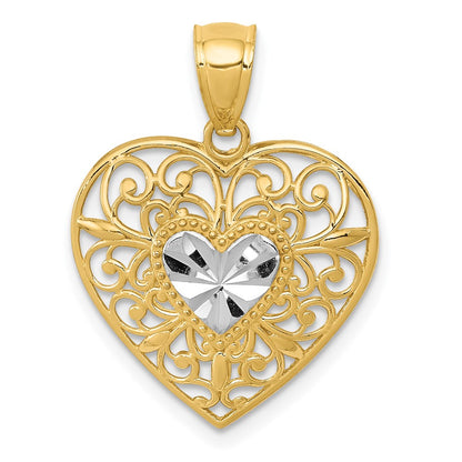 14K and White Rhodium Polished Diamond-cut Filigree Heart Pendant