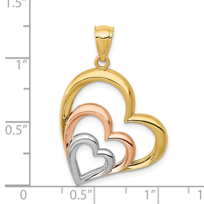 14K Two-tone and White Rhodium Polished 3 Hearts Pendant