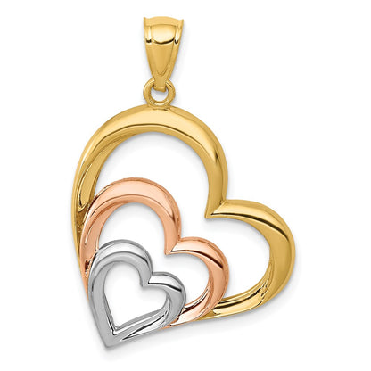 14K Two-tone and White Rhodium Polished 3 Hearts Pendant