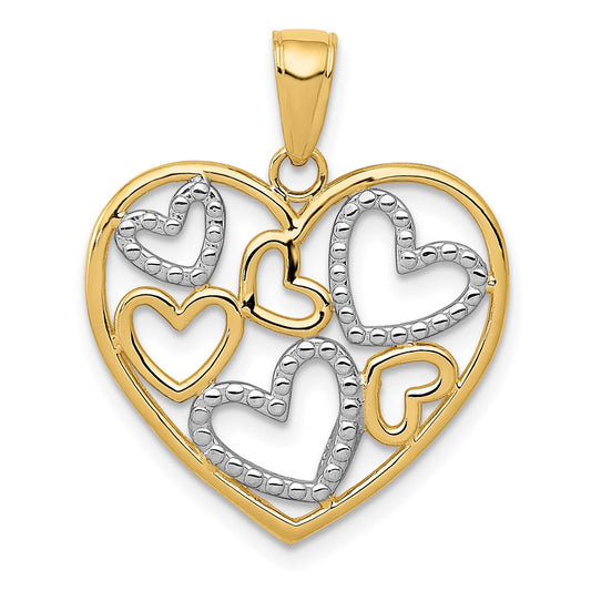 14K and White Rhodium Polished Hearts inside Heart Pendant