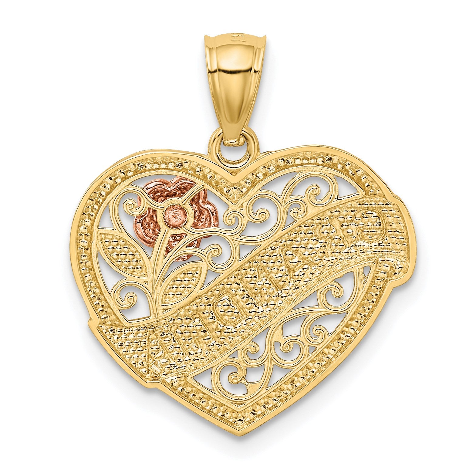14k Two-tone with White Rhodium GRANDMA Heart with Rose Pendant