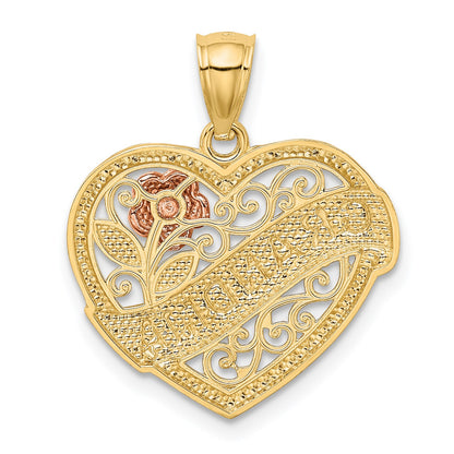 14k Two-tone with White Rhodium GRANDMA Heart with Rose Pendant