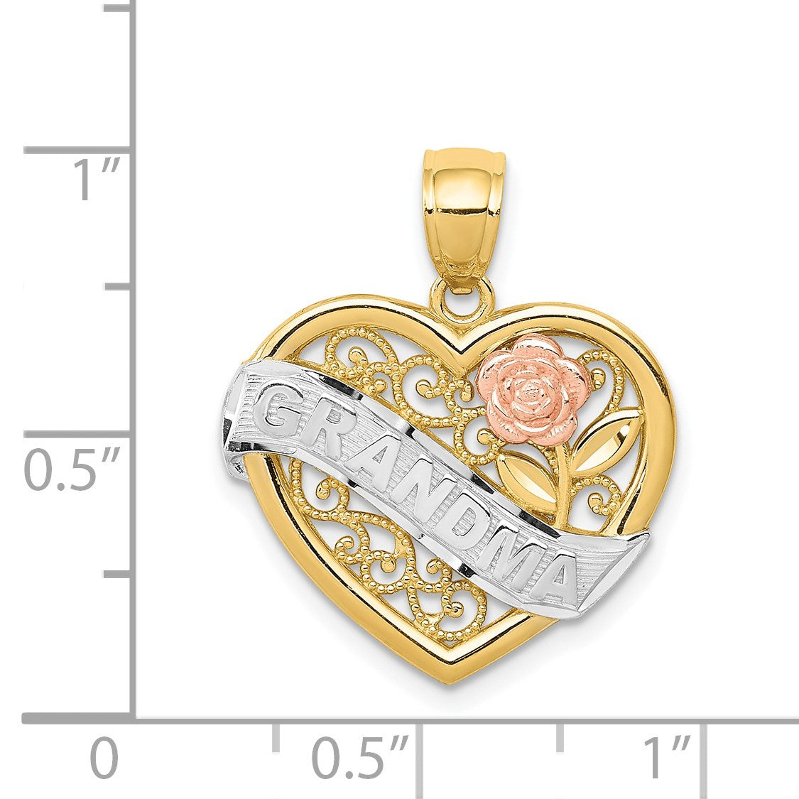 14k Two-tone with White Rhodium GRANDMA Heart with Rose Pendant