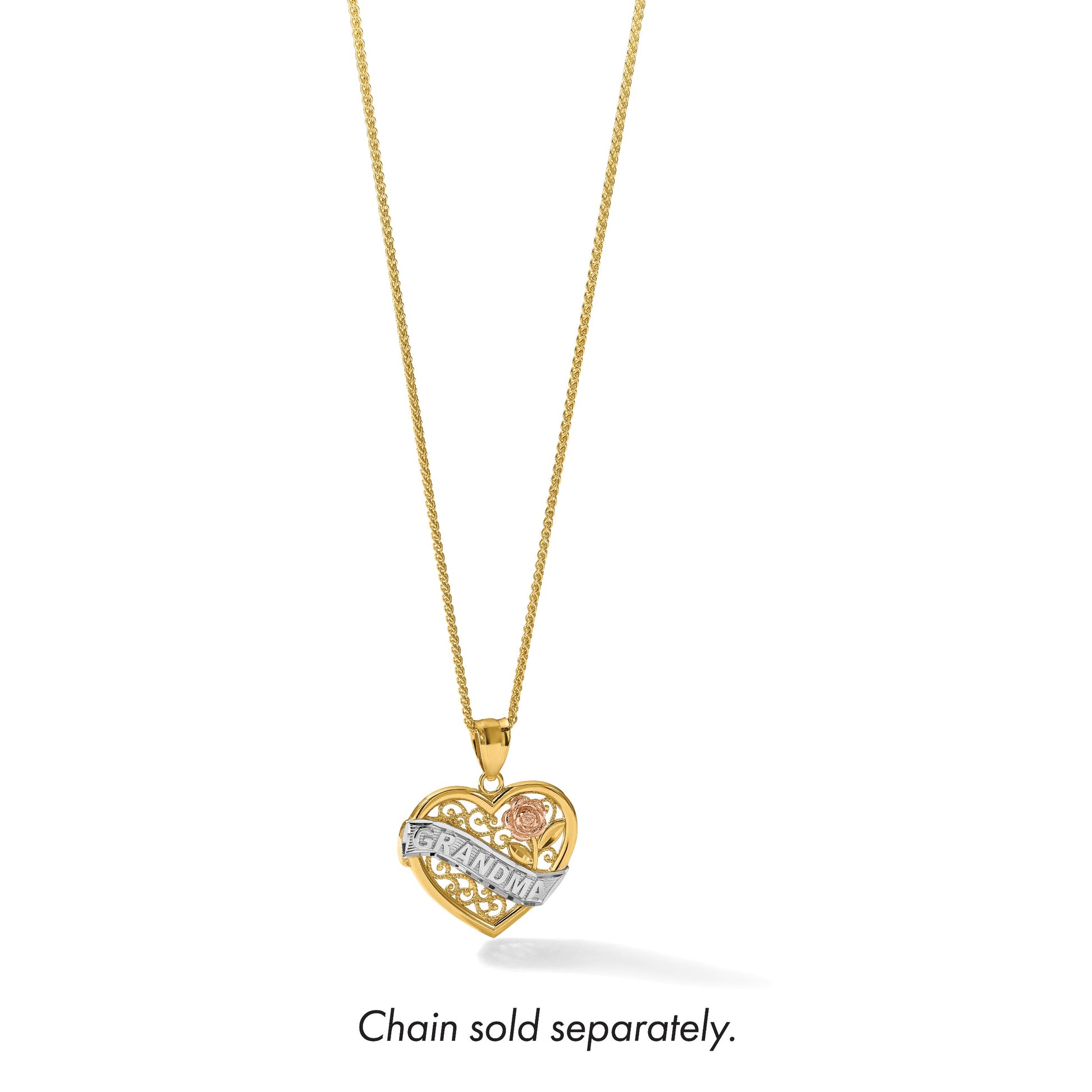 14k Two-tone with White Rhodium GRANDMA Heart with Rose Pendant
