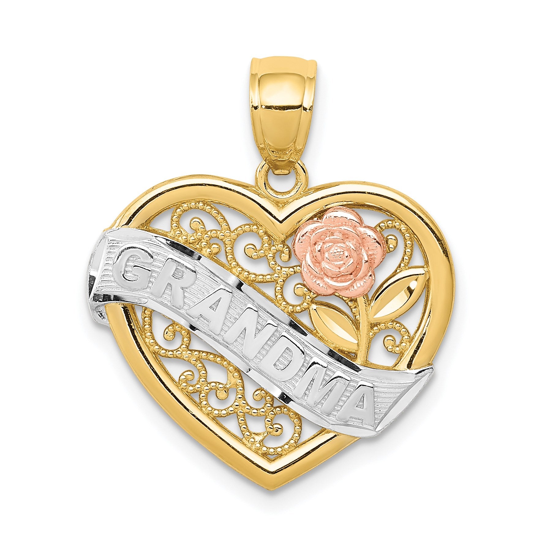 14k Two-tone with White Rhodium GRANDMA Heart with Rose Pendant