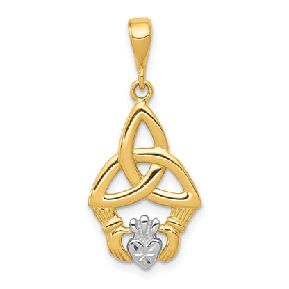 14K and White Rhodium Diamond-cut Claddagh Trinity Knot Pendant