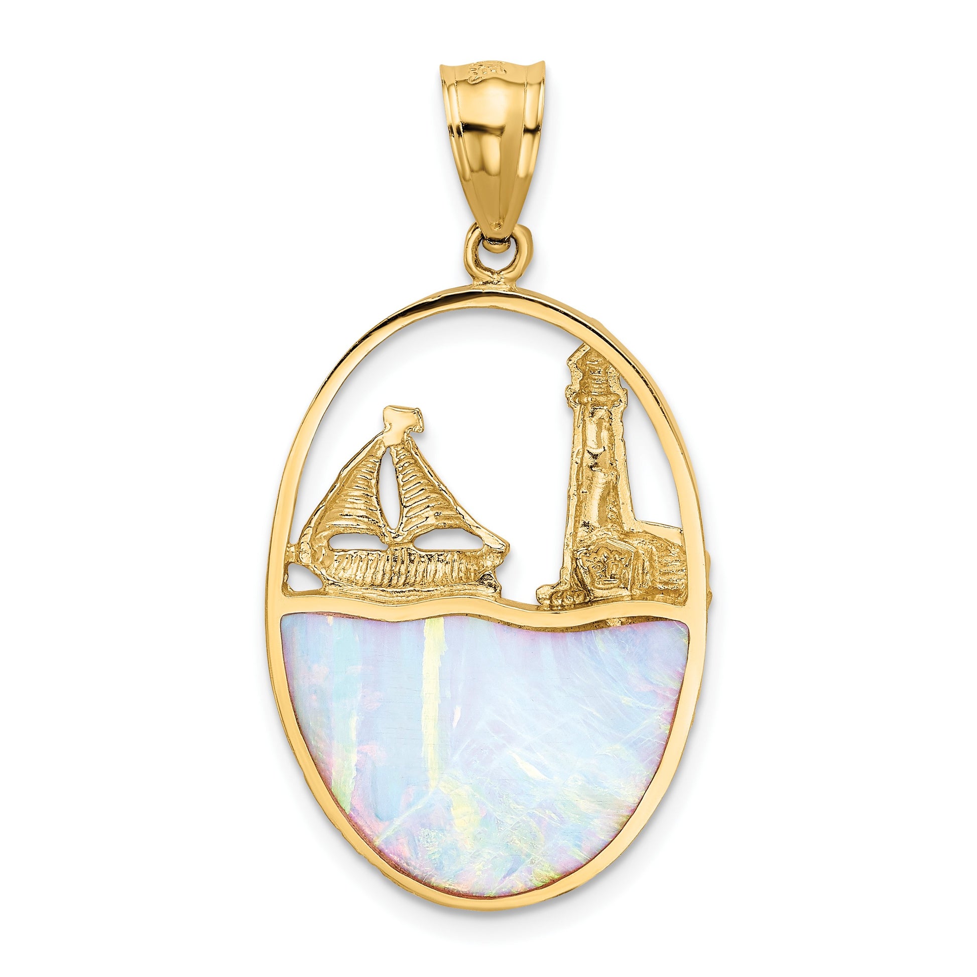 14K Lab Created Opal Lighthouse and Sailboat Pendant