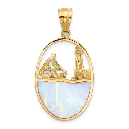 14K Lab Created Opal Lighthouse and Sailboat Pendant