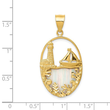 14K Lab Created Opal Lighthouse and Sailboat Pendant