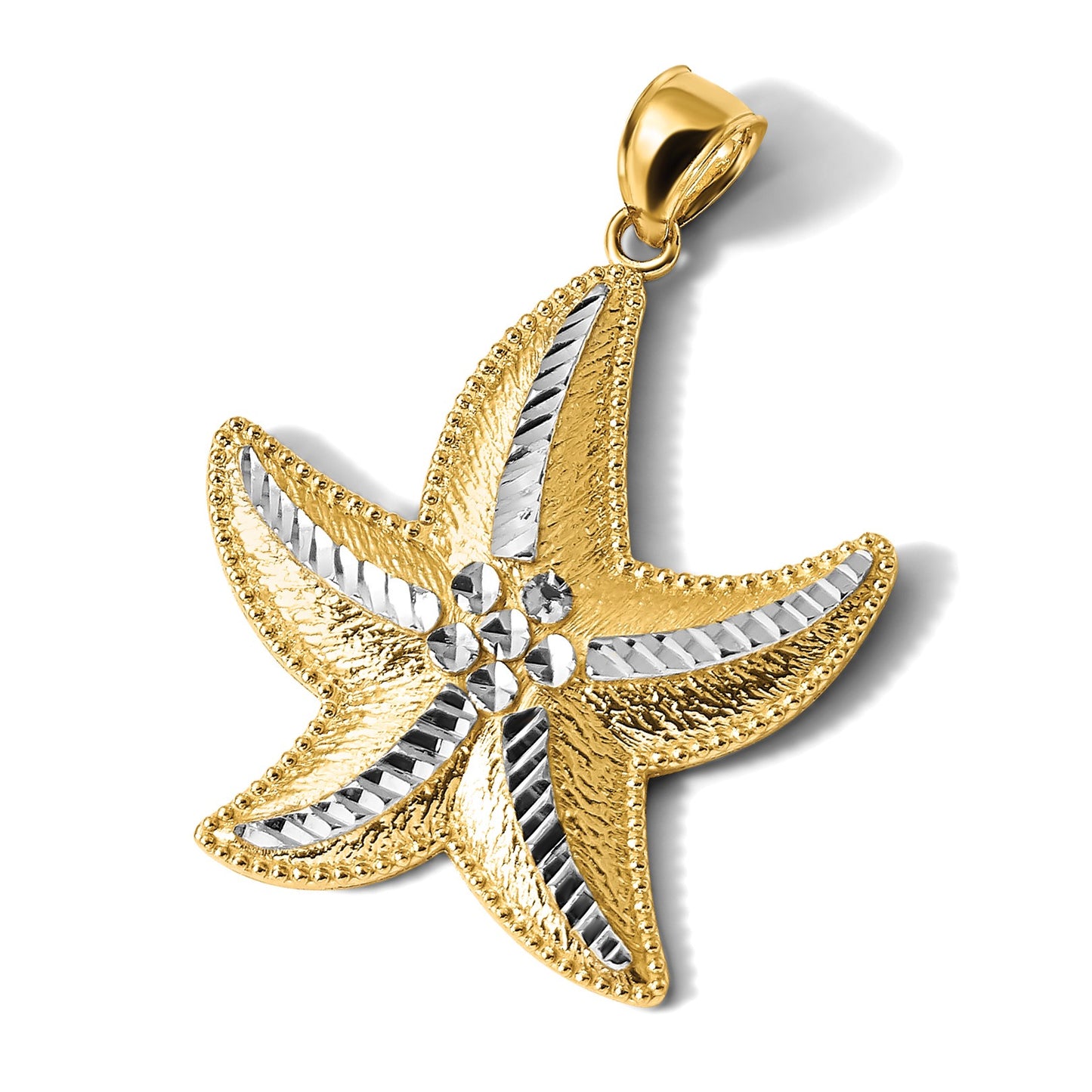 14K and White Rhodium Large Diamond-Cut Textured Starfish Pendant