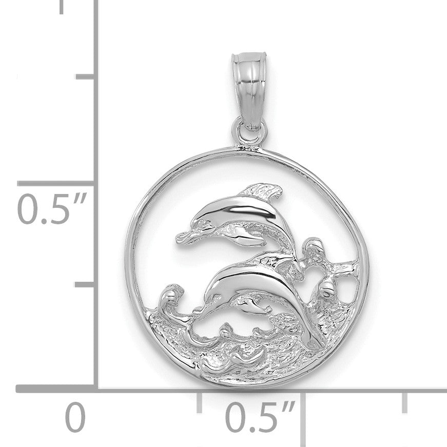 14K White Gold Double Dolphin Circle Pendant