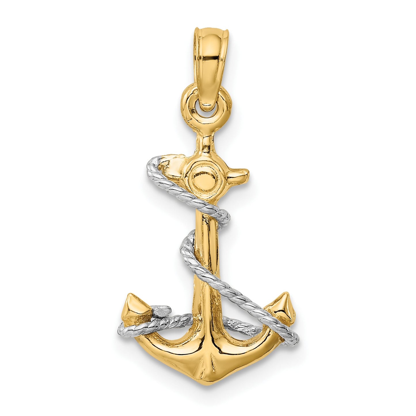 14K Two-Tone 3-D Anchor with Rope Pendant