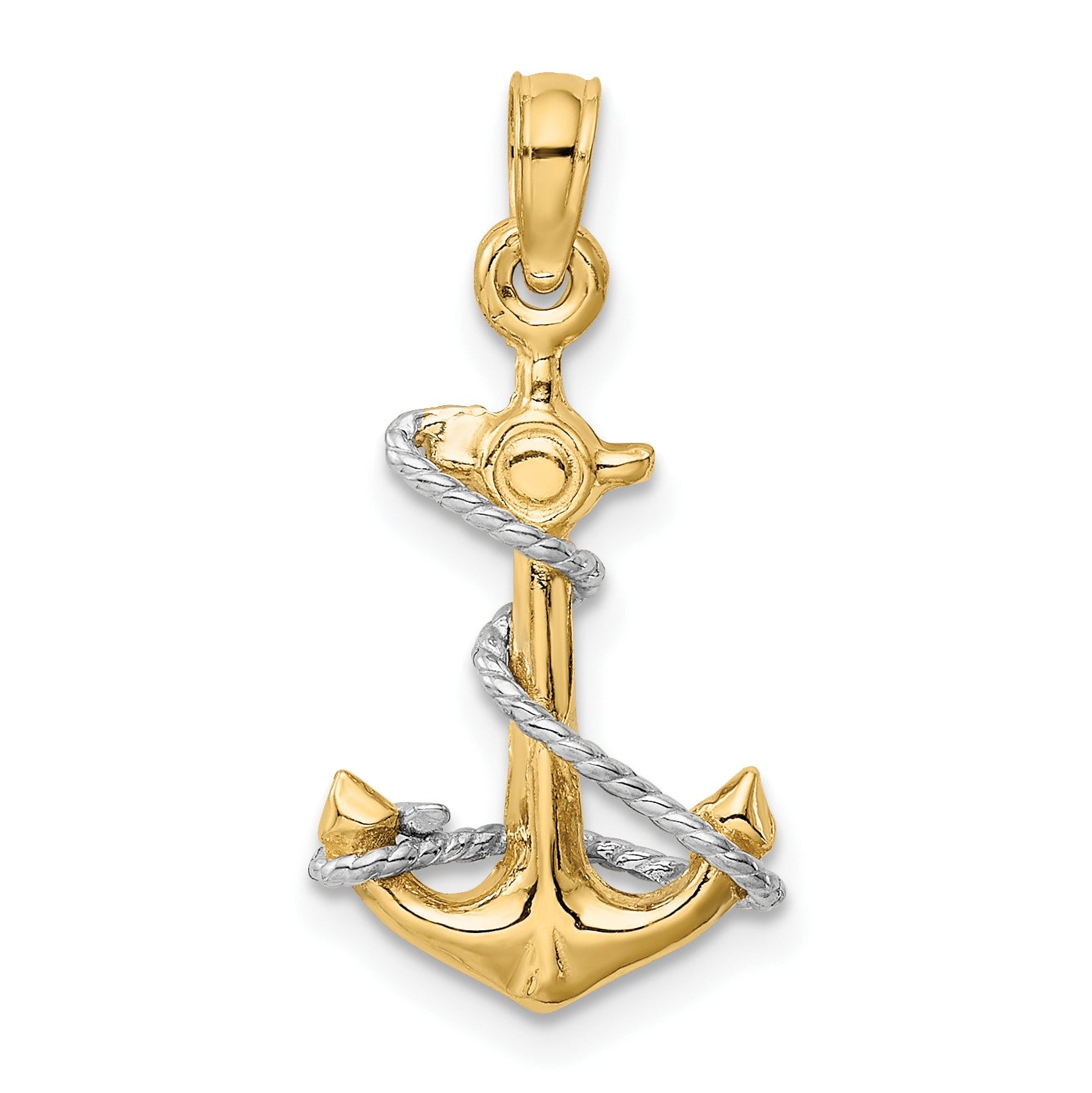 14K Two-Tone 3-D Anchor with Rope Pendant