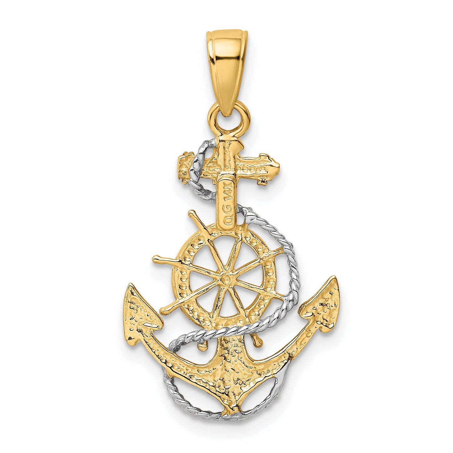 14K and White Rhodium Anchor with Rope and Ships Wheel Pendant