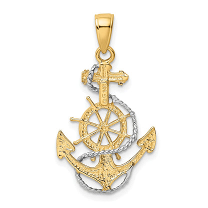 14K and White Rhodium Anchor with Rope and Ships Wheel Pendant