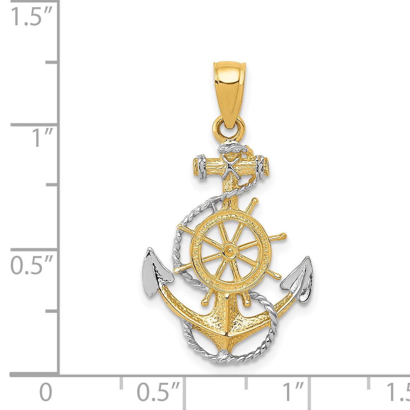 14K and White Rhodium Anchor with Rope and Ships Wheel Pendant
