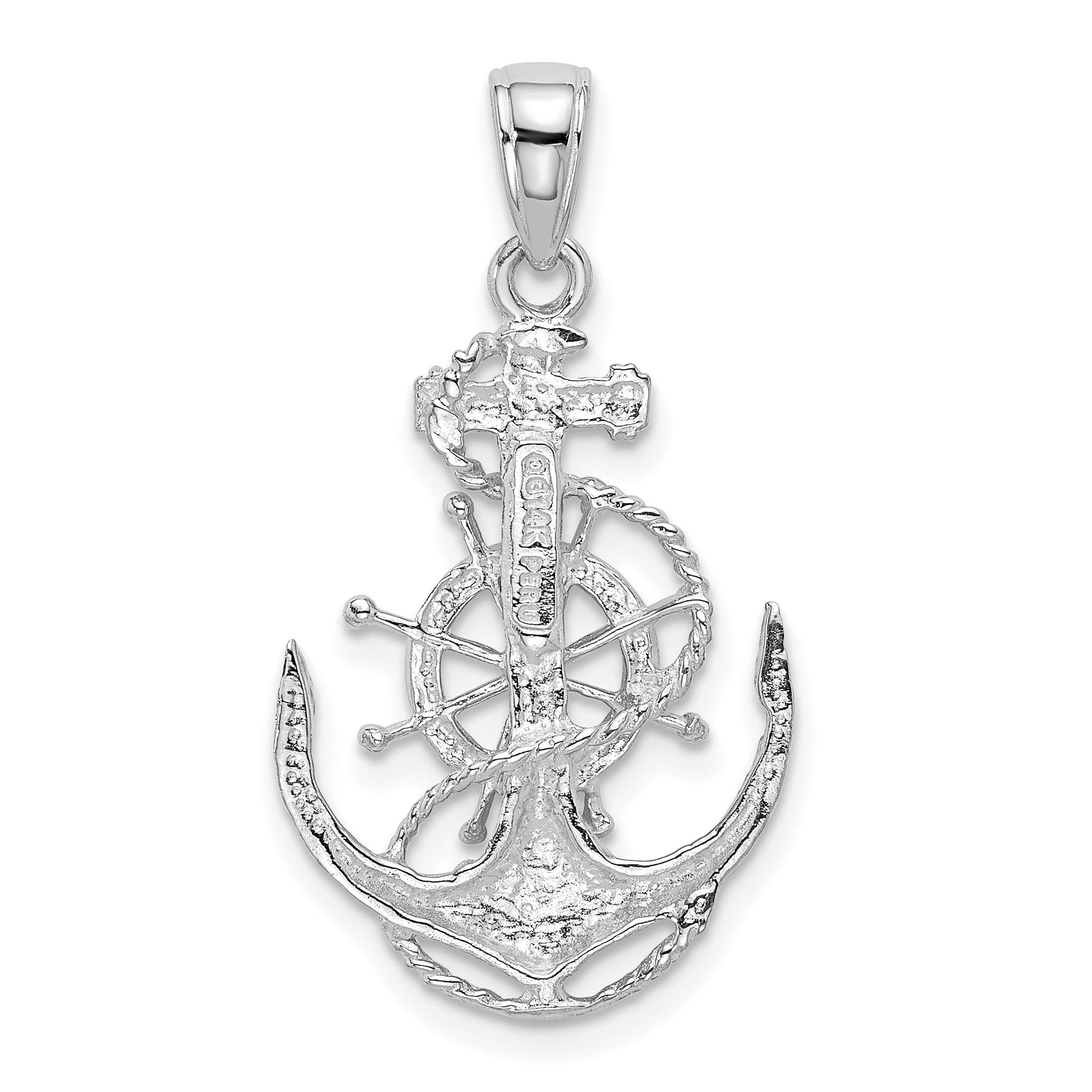 14K White Gold Medium Anchor with Rope and Ships Wheel Pendant