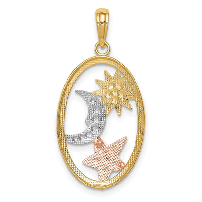 14k Two-tone with White Rhodium Sun/Moon/Star Oval Pendant