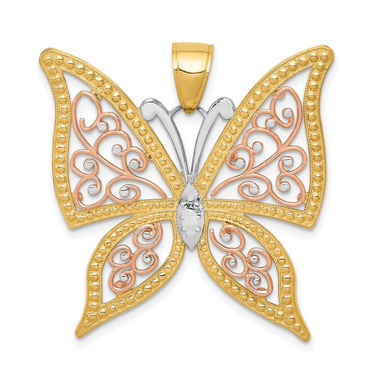 14k Two-tone w/White Rhodium Diamond-cut Butterfly Pendant