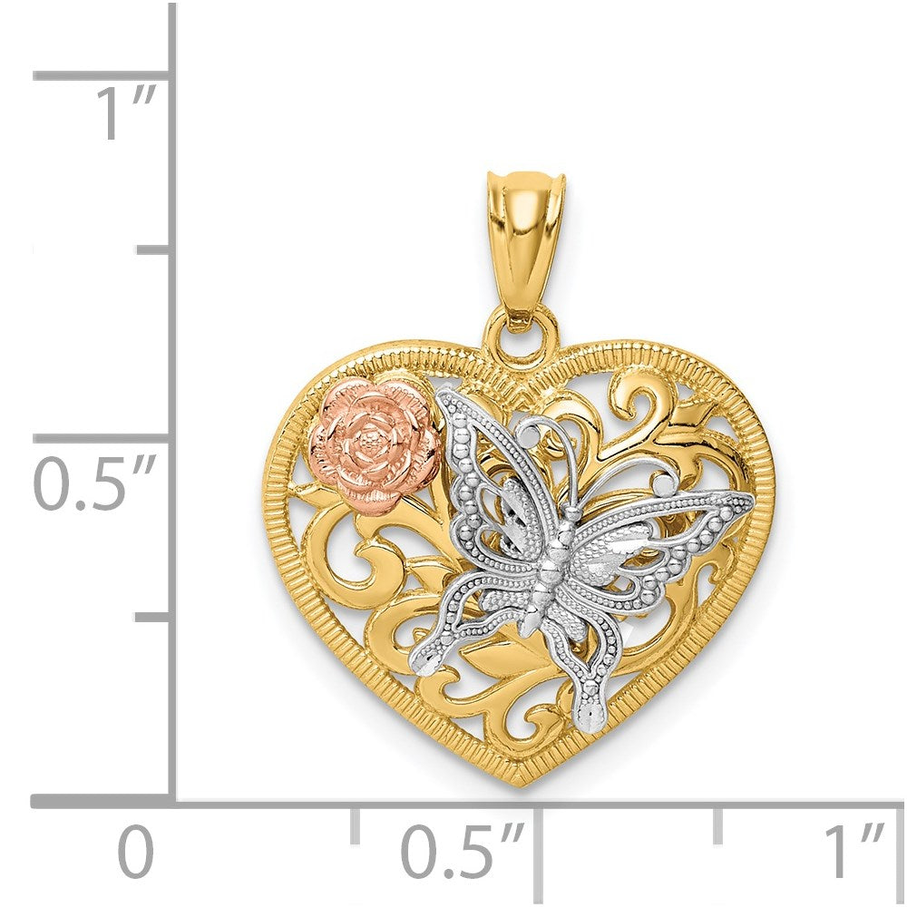 14k Tri color Butterfly Heart Pendant