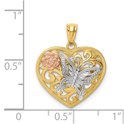 14k Tri color Butterfly Heart Pendant