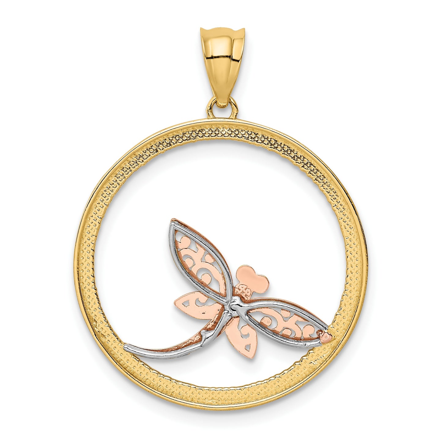 14K Two-tone with White Rhodium Dragonfly in Circle Pendant