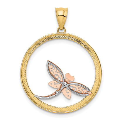 14K Two-tone with White Rhodium Dragonfly in Circle Pendant