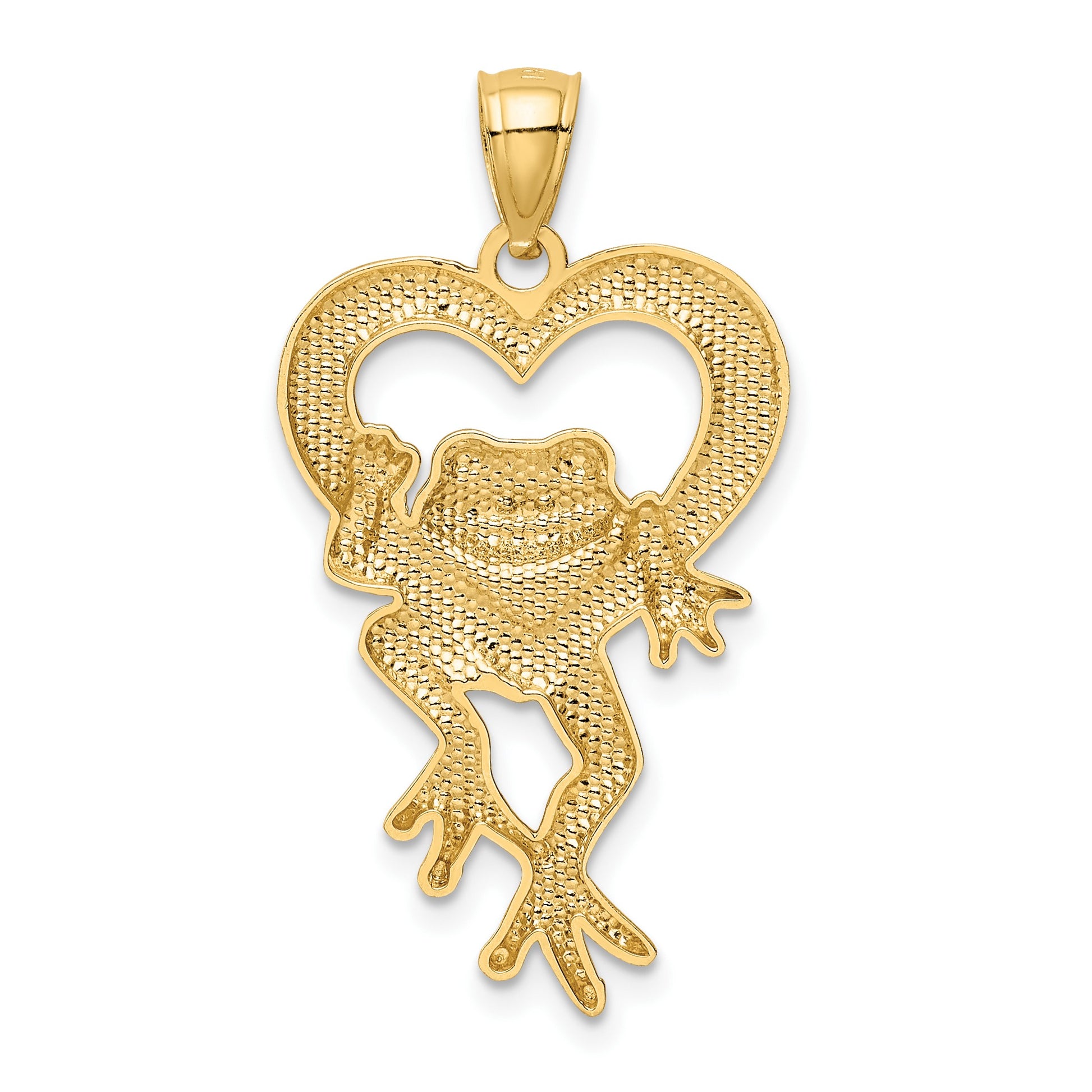 14k and White Rhodium Diamond-cut Frog in Heart Pendant