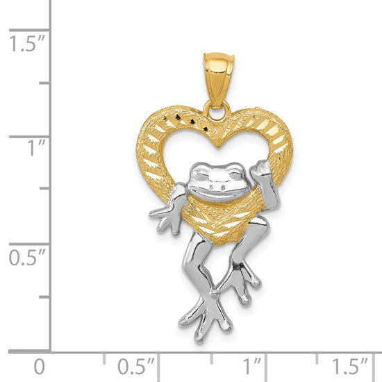 14k and White Rhodium Diamond-cut Frog in Heart Pendant