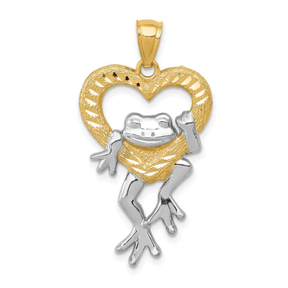 14k and White Rhodium Diamond-cut Frog in Heart Pendant