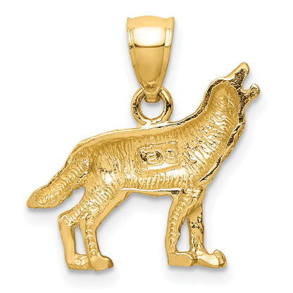 14K Satin Diamond-cut Howling Wolf Pendant