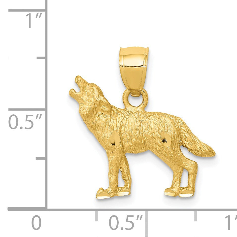 14K Satin Diamond-cut Howling Wolf Pendant